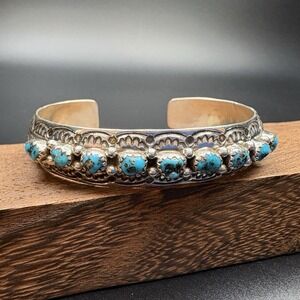 Navajo Kingman Turquoise Sterling Cuff Grace Silver Signed NA Bracelet 18.5g 6.5